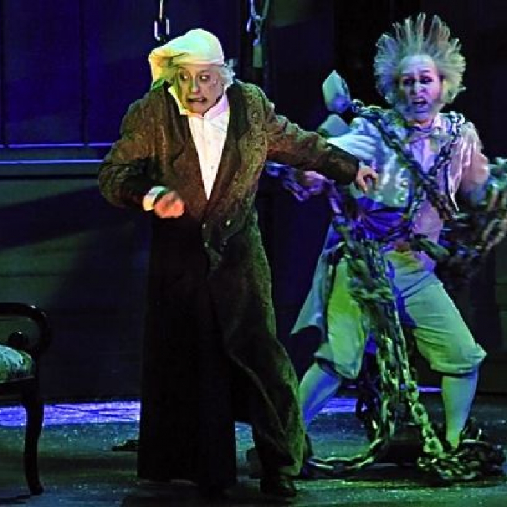 As The Ghost of Jacob Marley with Jeremy Lawrence as Scrooge in "A Christmas Carol" at the Hanover Theatre. photo courtesy of the Worcester Telegram & Gazette (Paul Kapteyn photographer)