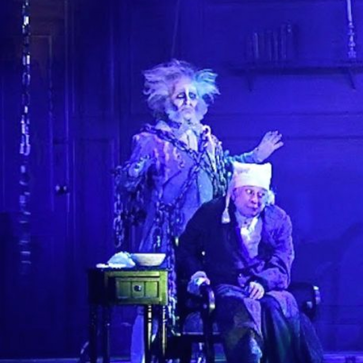 As The Ghost of Jacob Marley with Jeremy Lawrence as Scrooge in "A Christmas Carol" at the Hanover Theatre.
